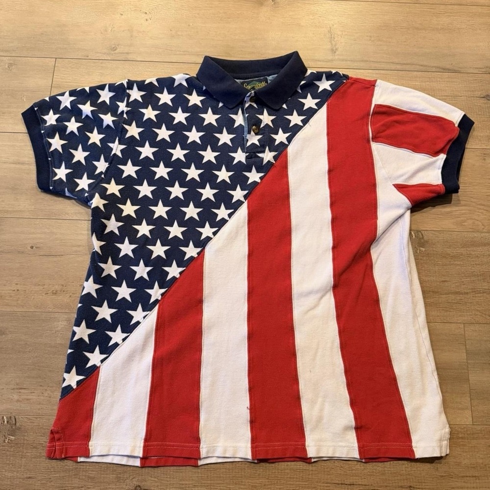 Vintage patriotic polo shirt bold diagonal American flag Striped Stars L 90's